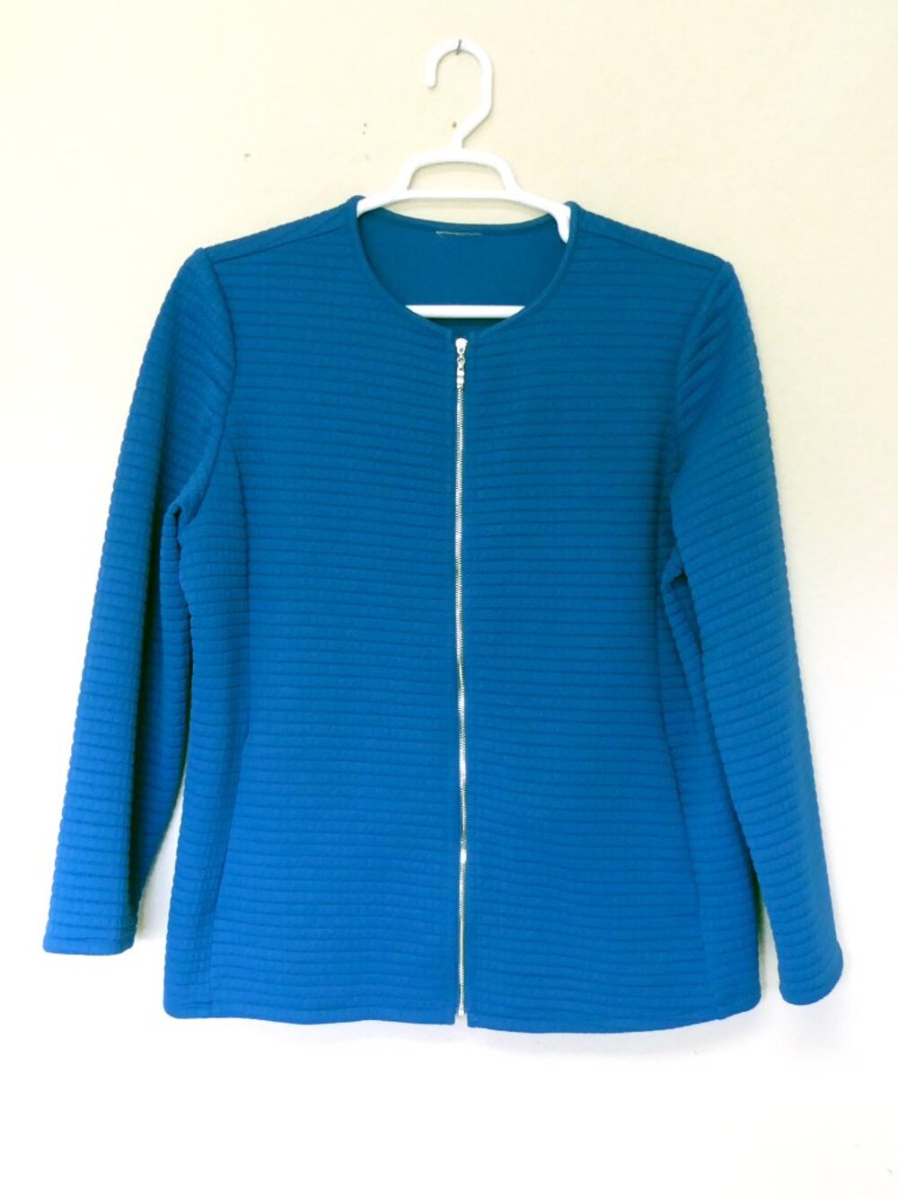 Chico's blue quilted rectangle geometric pattern collarless zip up jacket sz XL
